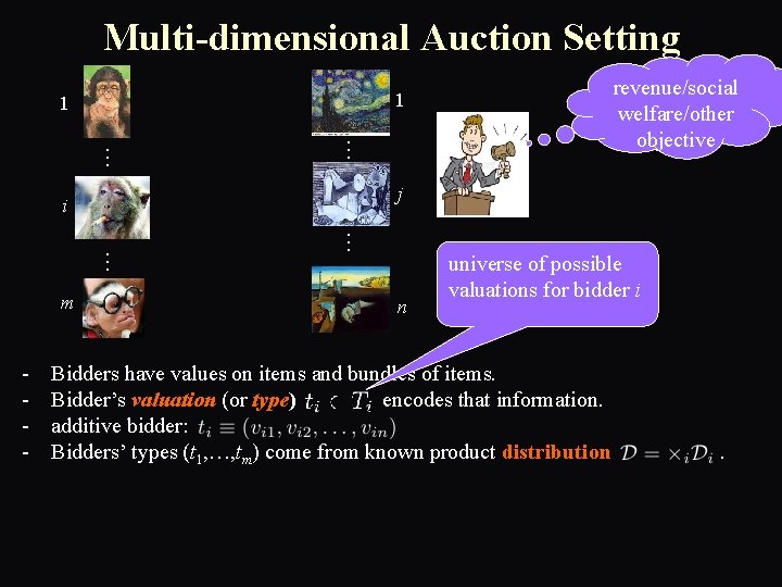Multi-dimensional Auction Setting 1 … … j i - … … m revenue/social welfare/other