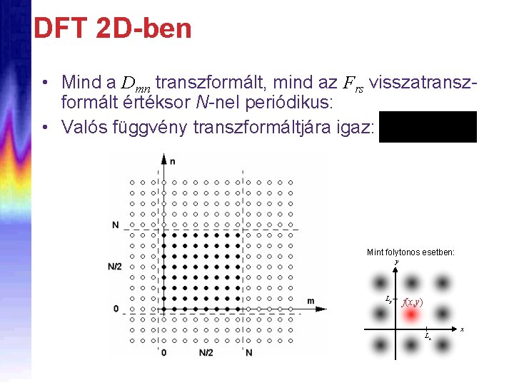 DFT 2 D-ben • Mind a Dmn transzformált, mind az Frs visszatranszformált értéksor N-nel