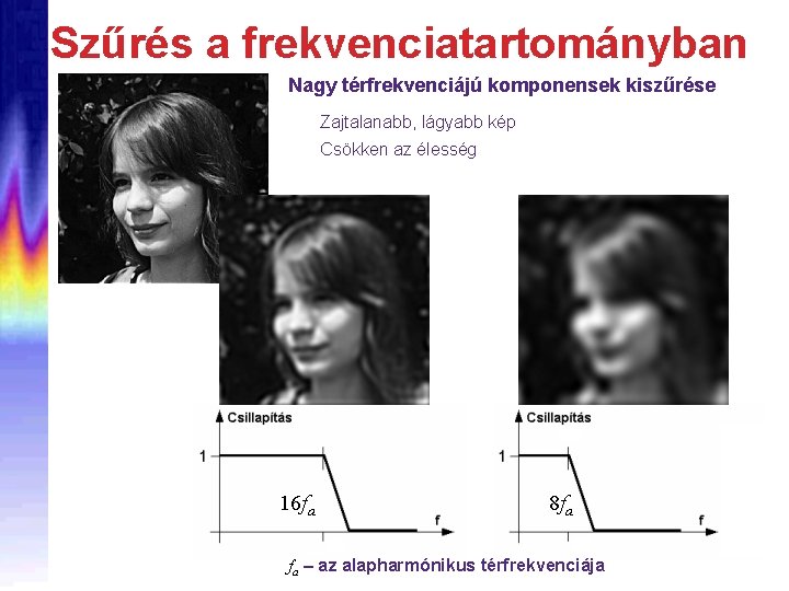 Szűrés a frekvenciatartományban Nagy térfrekvenciájú komponensek kiszűrése Zajtalanabb, lágyabb kép Csökken az élesség 16