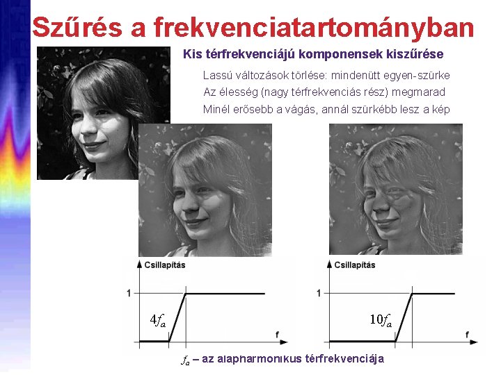 Szűrés a frekvenciatartományban Kis térfrekvenciájú komponensek kiszűrése Lassú változások törlése: mindenütt egyen-szürke Az élesség