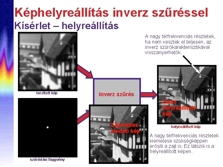 Képhelyreállítás inverz szűréssel Kísérlet – helyreállítás A nagy térfrekvenciás részletek, ha nem vesztek el