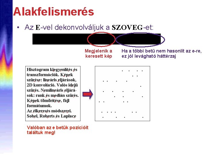 Alakfelismerés • Az E-vel dekonvolváljuk a SZOVEG-et: Megjelenik a keresett kép Valóban az e