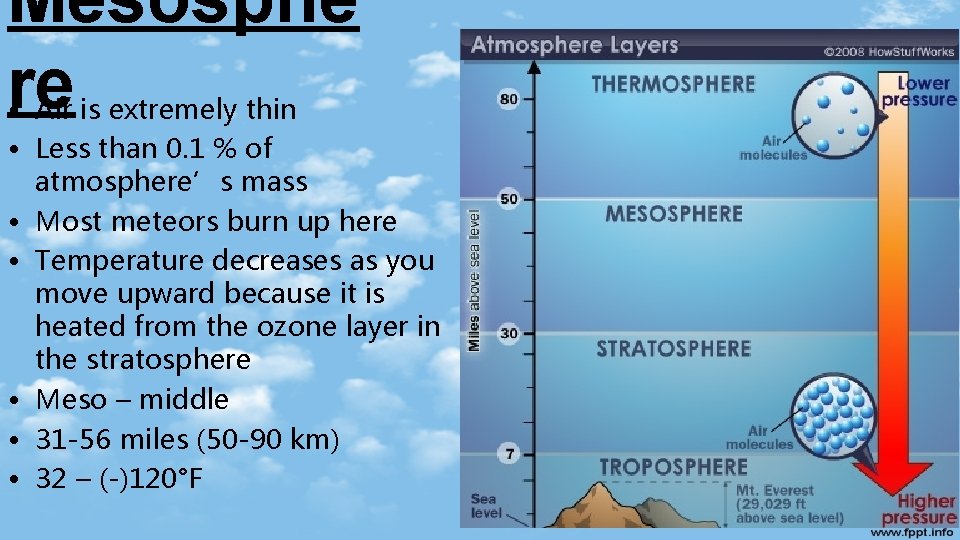 Mesosphe re • Air is extremely thin • Less than 0. 1 % of