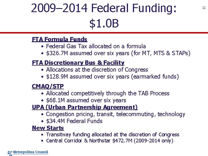 2009– 2014 Federal Funding: $1. 0 B FTA Formula Funds • Federal Gas Tax