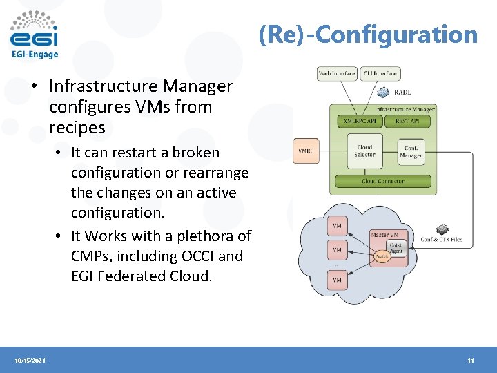 (Re)-Configuration • Infrastructure Manager configures VMs from recipes • It can restart a broken