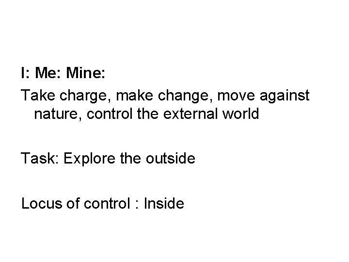 I: Me: Mine: Take charge, make change, move against nature, control the external world