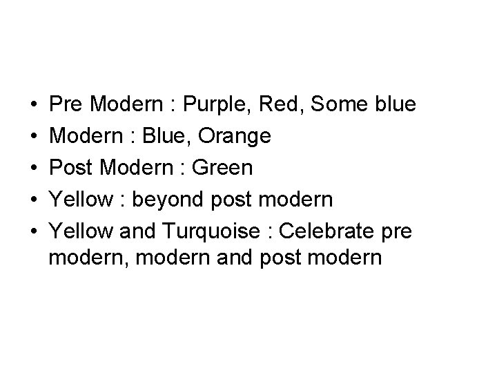  • • • Pre Modern : Purple, Red, Some blue Modern : Blue,