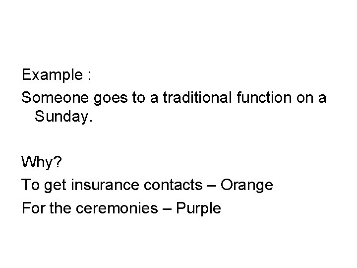 Example : Someone goes to a traditional function on a Sunday. Why? To get