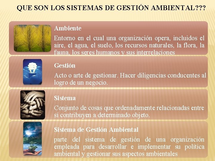 QUE SON LOS SISTEMAS DE GESTIÓN AMBIENTAL? ? ? Ambiente Entorno en el cual