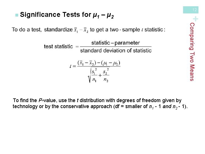 Tests for µ 1 – µ 2 + n Significance 12 Comparing Two Means