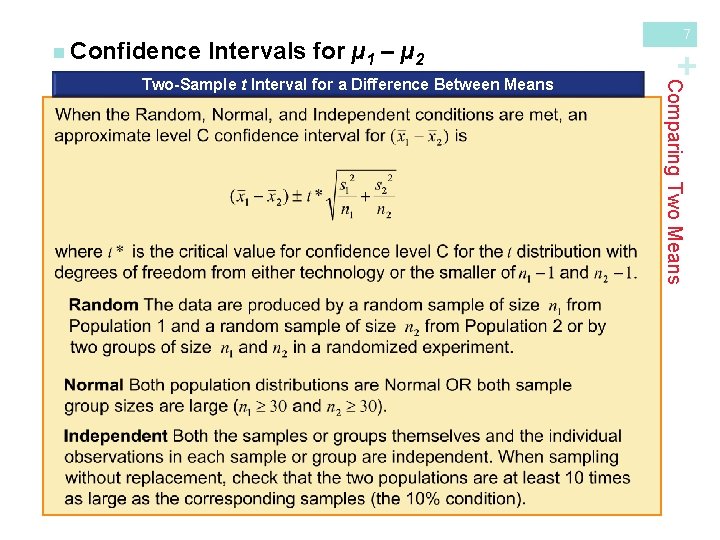 Intervals for µ 1 – µ 2 Comparing Two Means Two-Sample t Interval for