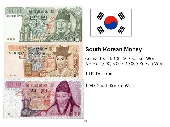 South Korean Money Coins- 10, 50, 100, 500 Korean Won. Notes- 1, 000, 5,