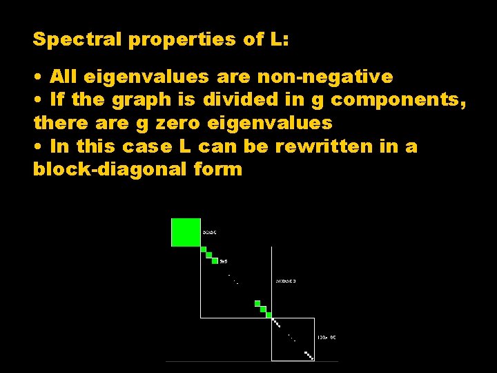 Spectral properties of L: • All eigenvalues are non-negative • If the graph is