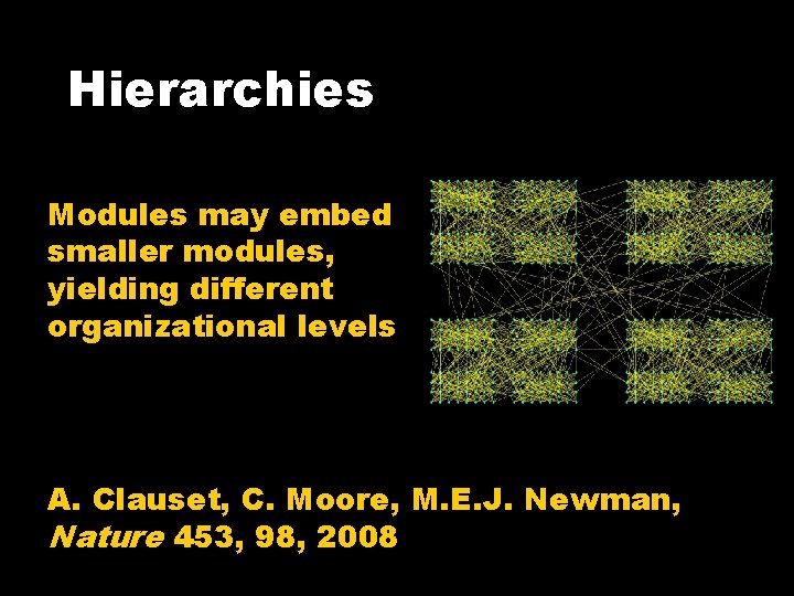 Hierarchies Modules may embed smaller modules, yielding different organizational levels A. Clauset, C. Moore,