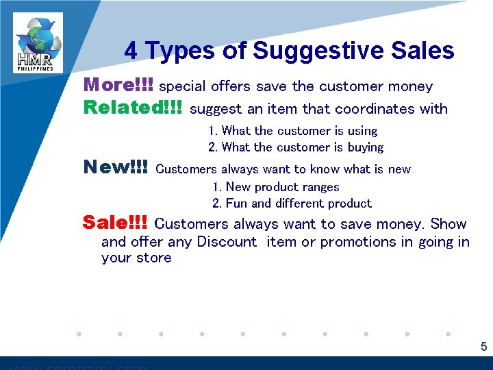 4 Types of Suggestive Sales More!!! special offers save the customer money Related!!! suggest