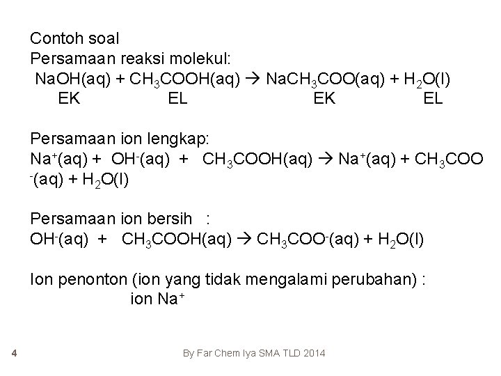 Contoh soal Persamaan reaksi molekul: Na. OH(aq) + CH 3 COOH(aq) Na. CH 3