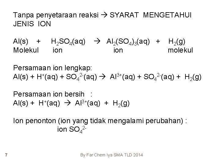 Tanpa penyetaraan reaksi SYARAT MENGETAHUI JENIS ION Al(s) + Molekul H 2 SO 4(aq)