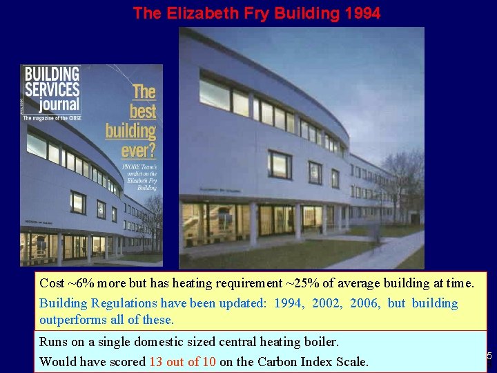 The Elizabeth Fry Building 1994 Cost ~6% more but has heating requirement ~25% of
