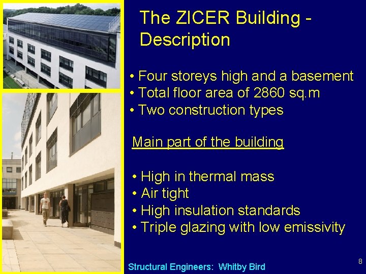 The ZICER Building Description • Four storeys high and a basement • Total floor