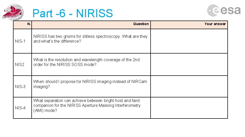 Part -6 - NIRISS N. Question NIS-1 NIRISS has two grisms for slitless spectroscopy.