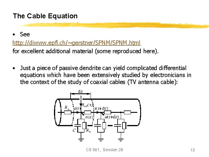 The Cable Equation • See http: //diwww. epfl. ch/~gerstner/SPNM. html for excellent additional material