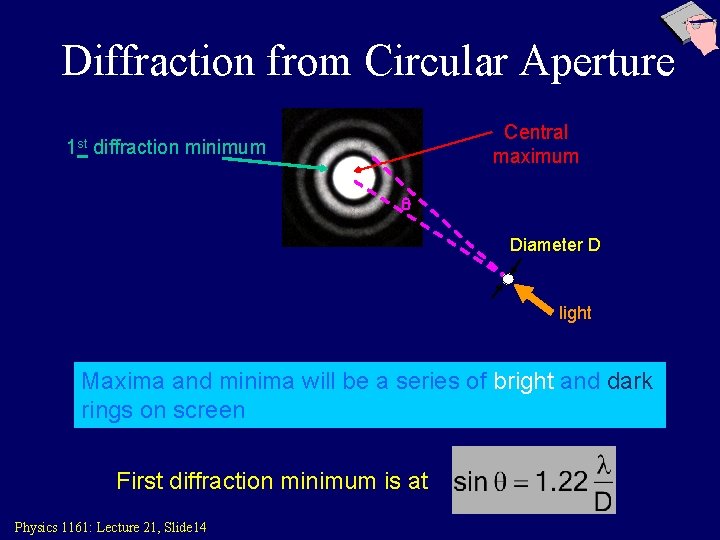 Diffraction from Circular Aperture 1 st Central maximum diffraction minimum q Diameter D light