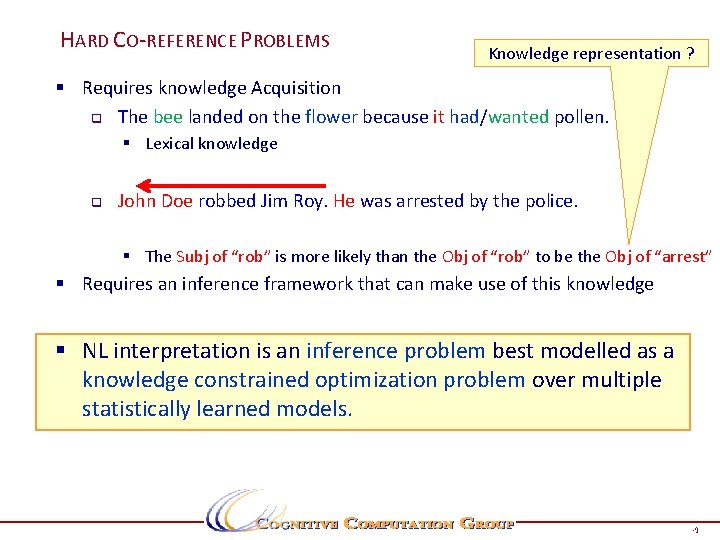 HARD CO-REFERENCE PROBLEMS Knowledge representation ? § Requires knowledge Acquisition q The bee landed