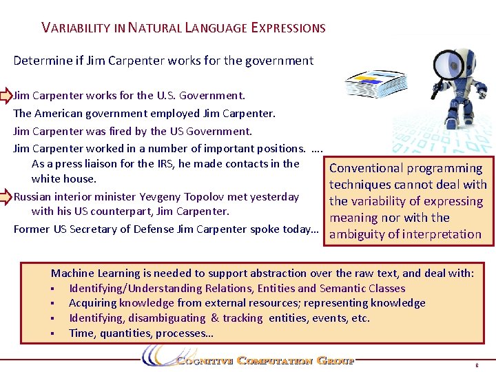 P a VARIABILITY IN NATURAL LANGUAGE EXPRESSIONS g e Determine if Jim Carpenter works