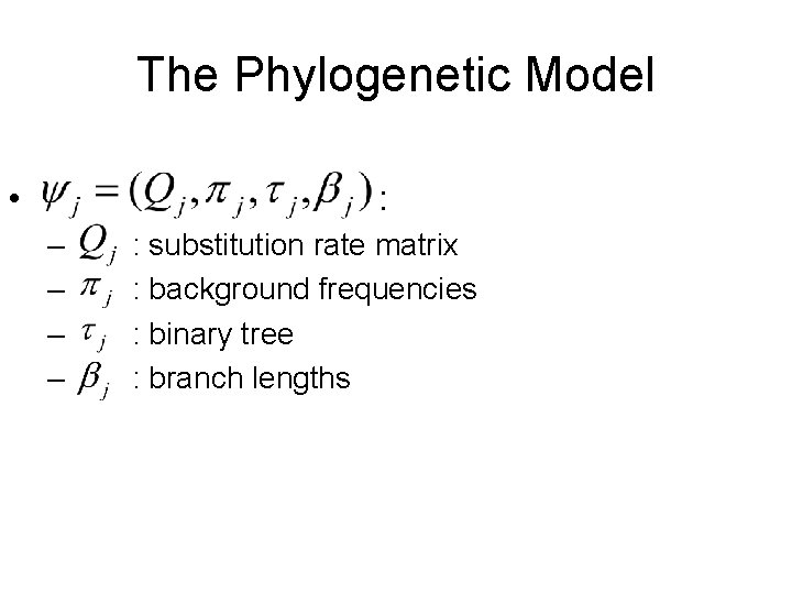 The Phylogenetic Model • : – – : substitution rate matrix : background frequencies