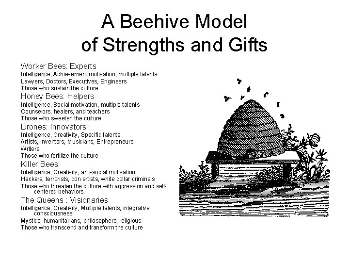 A Beehive Model of Strengths and Gifts Worker Bees: Experts Intelligence, Achievement motivation, multiple