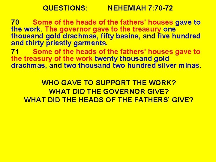 QUESTIONS: NEHEMIAH 7: 70 -72 70 Some of the heads of the fathers' houses