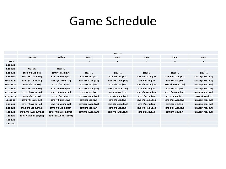 Game Schedule COURTS FIELDS Stadium Grass Grass 1 2 3 4 5 6 7