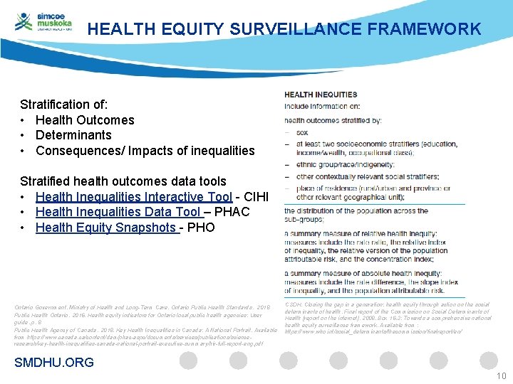 HEALTH EQUITY SURVEILLANCE FRAMEWORK Stratification of: • Health Outcomes • Determinants • Consequences/ Impacts