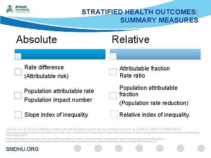 STRATIFIED HEALTH OUTCOMES: SUMMARY MEASURES Absolute Relative Rate difference (Attributable risk) Attributable fraction Rate
