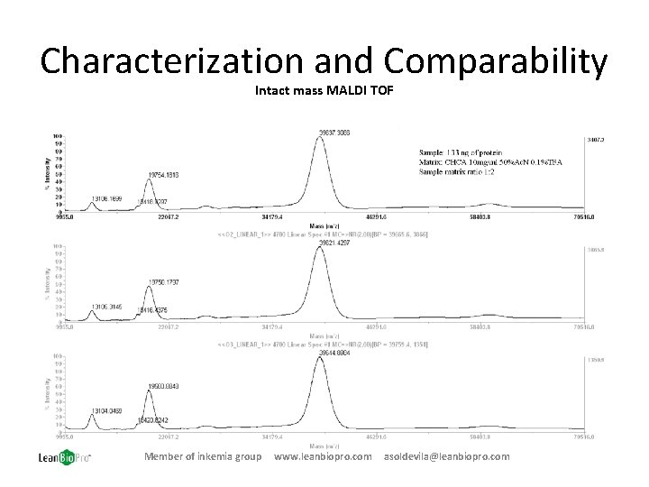 Characterization and Comparability Intact mass MALDI TOF Member of inkemia group www. leanbiopro. com