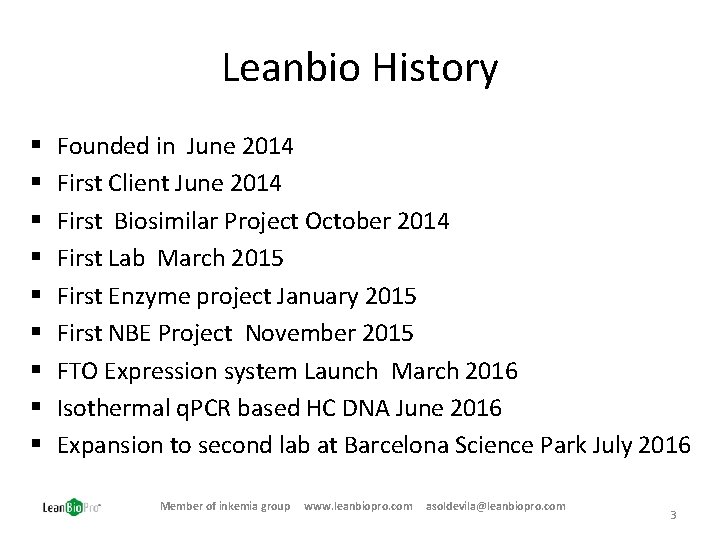 Leanbio History § § § § § Founded in June 2014 First Client June