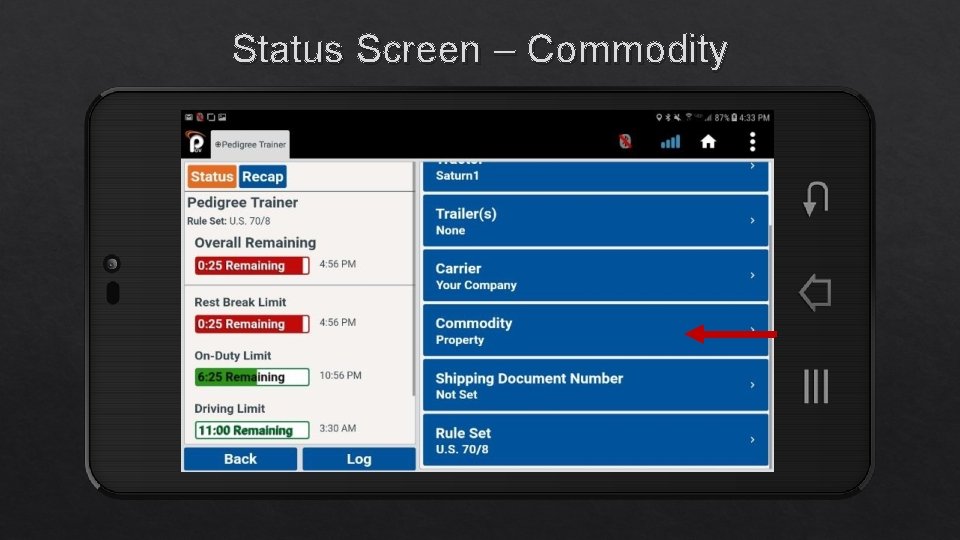 Status Screen – Commodity 