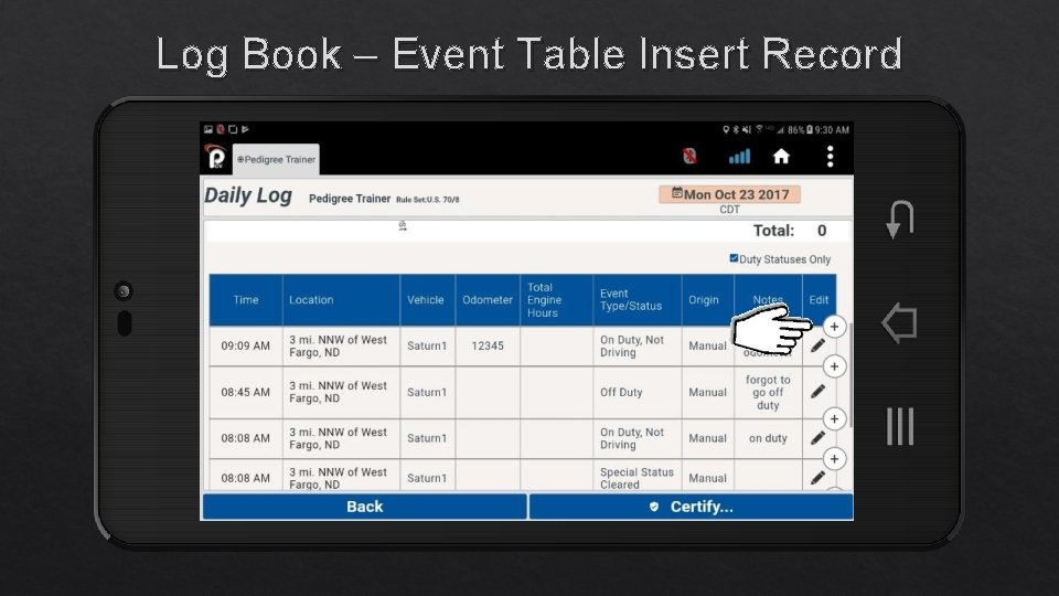 Log Book – Event Table Insert Record 