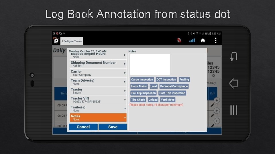 Log Book Annotation from status dot 