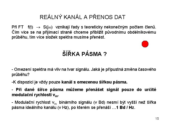 REÁLNÝ KANÁL A PŘENOS DAT Při FT f(t) ® S(jw) vznikají řady s teoreticky