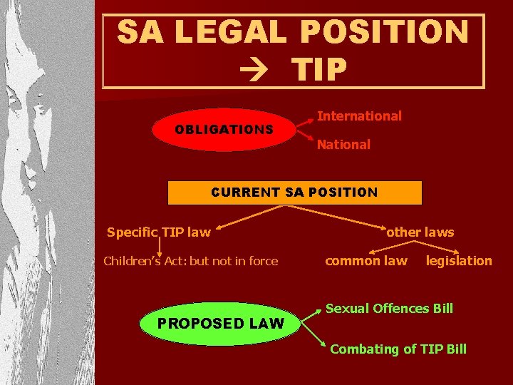 SA LEGAL POSITION TIP OBLIGATIONS International National CURRENT SAPOSITION Specific TIP law Children’s Act: