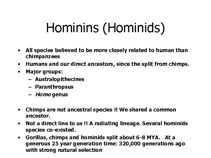 Hominins (Hominids) • • • All species believed to be more closely related to