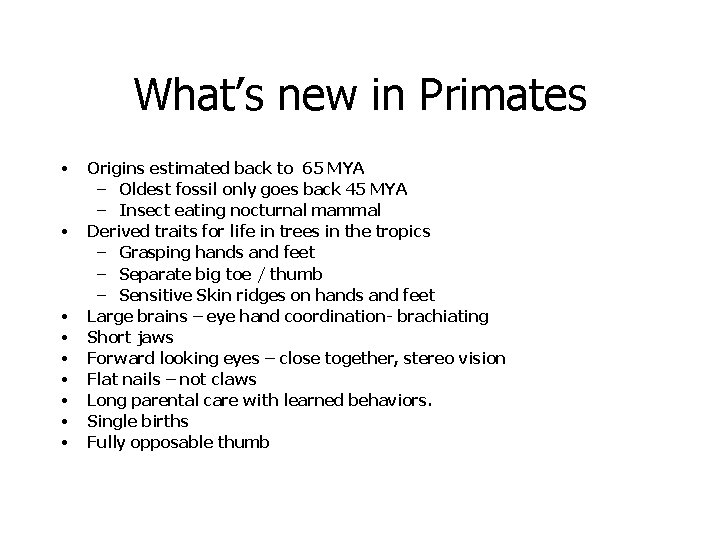 What’s new in Primates • • • Origins estimated back to 65 MYA –