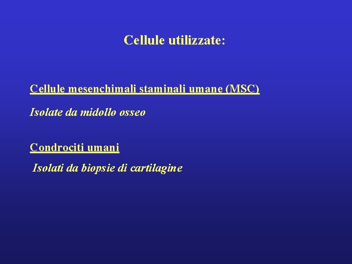Cellule utilizzate: Cellule mesenchimali staminali umane (MSC) Isolate da midollo osseo Condrociti umani Isolati