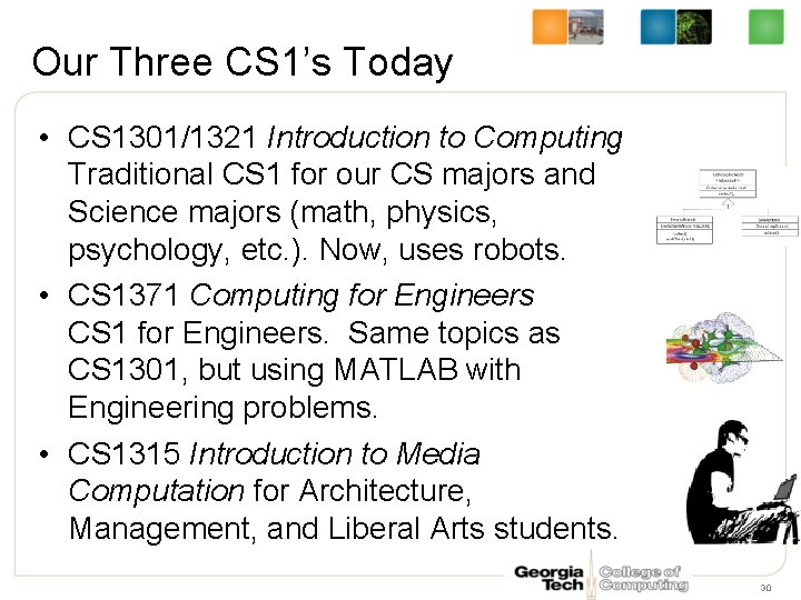 Our Three CS 1’s Today • CS 1301/1321 Introduction to Computing Traditional CS 1