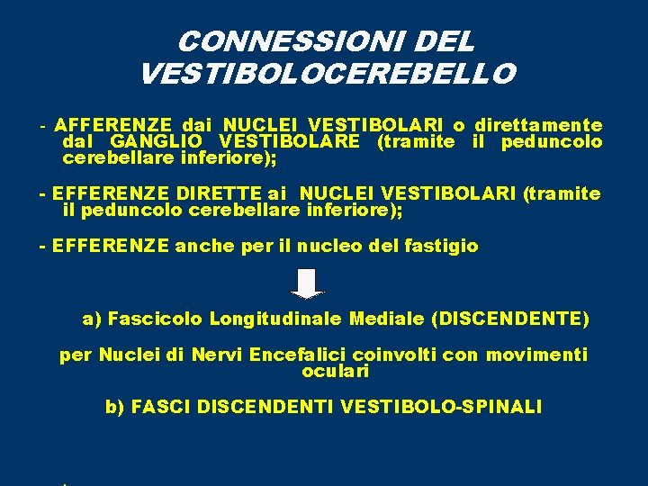 CONNESSIONI DEL VESTIBOLOCEREBELLO - AFFERENZE dai NUCLEI VESTIBOLARI o direttamente dal GANGLIO VESTIBOLARE (tramite