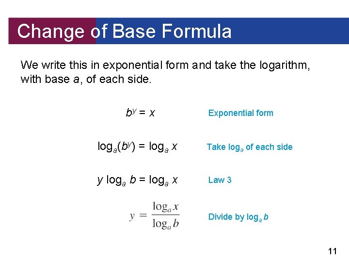 Change of Base Formula We write this in exponential form and take the logarithm,