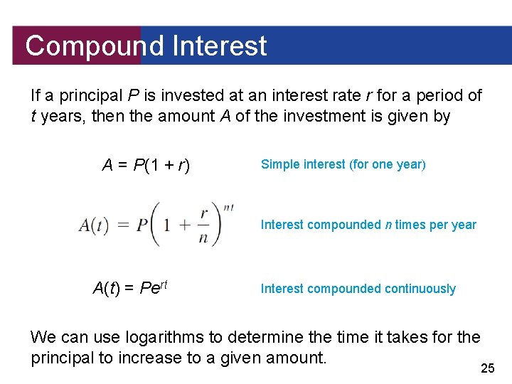 Compound Interest If a principal P is invested at an interest rate r for