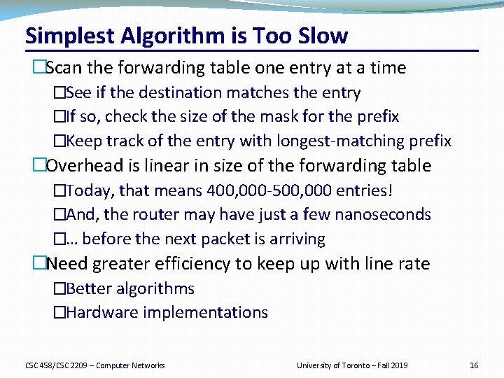 Simplest Algorithm is Too Slow �Scan the forwarding table one entry at a time