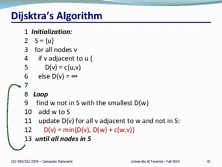 Dijsktra’s Algorithm 1 Initialization: 2 S = {u} 3 for all nodes v 4